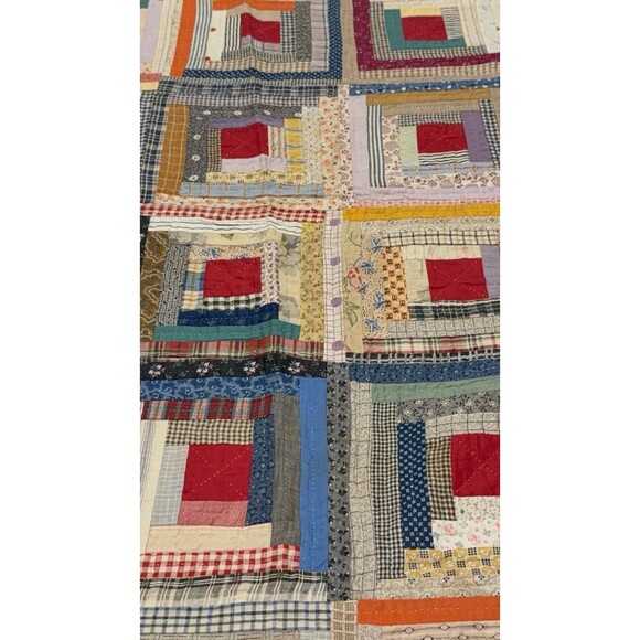 Antique Log Cabin Quilt Reversible Twin/full Blue Trim Floral Back 81” X 64” - Picture 6 of 16